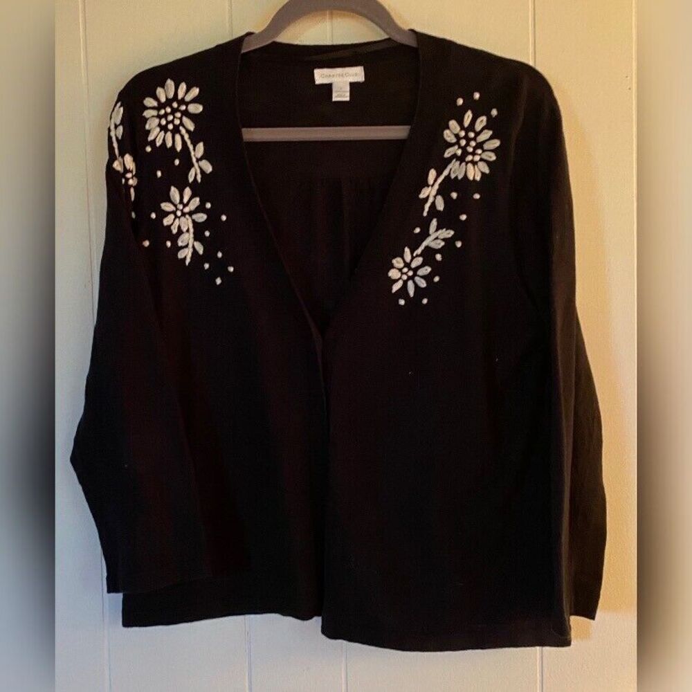 Charter Club Sweater Women’s Large Black Embroidered Floral Cotton Cardigan